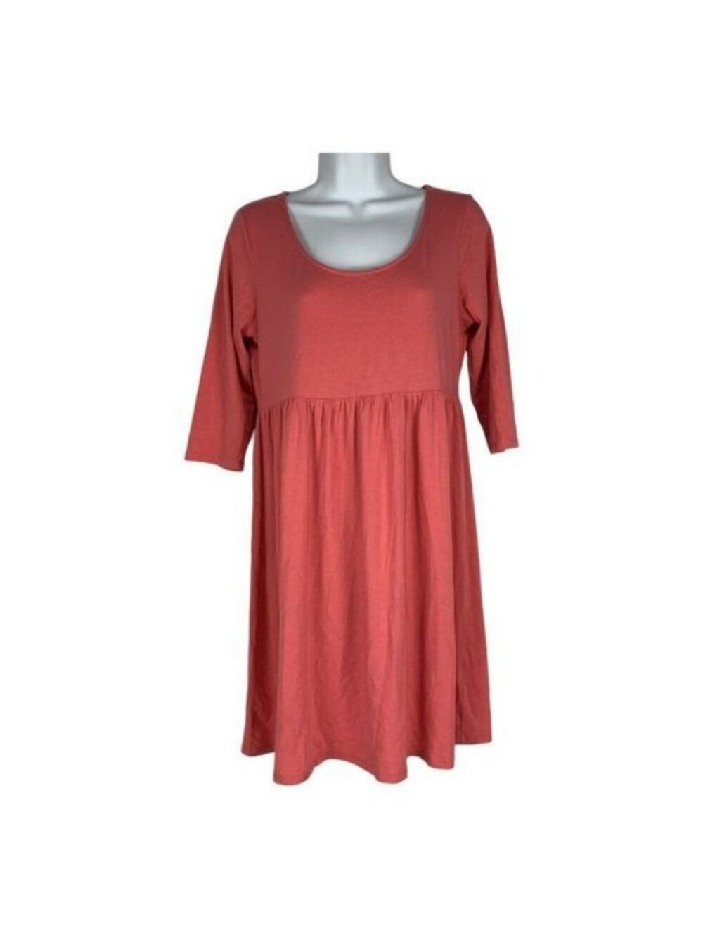 Garnet Hill Womens Babydoll Dress XS 3/4 Sleeve Coral Pink Scoop Neck